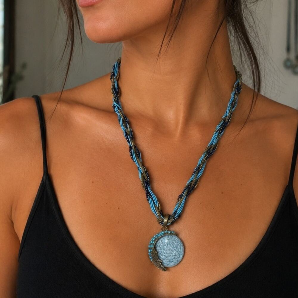 Bohemian Ethnic Style Retro Blue Peacock Gemstone Pendant Necklace
